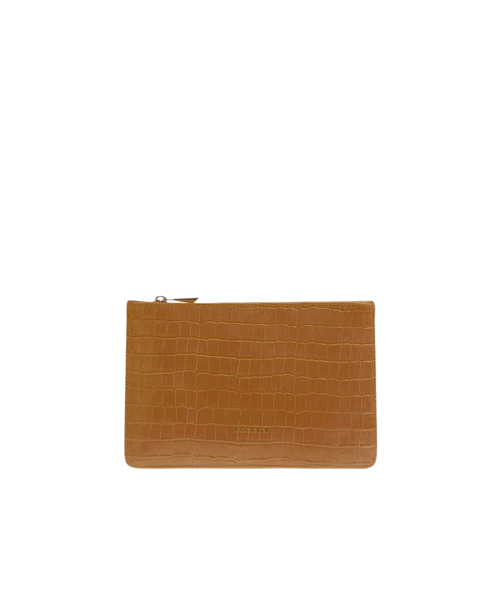 Cartera pequeña de mano de piel bovina con efecto coco camel