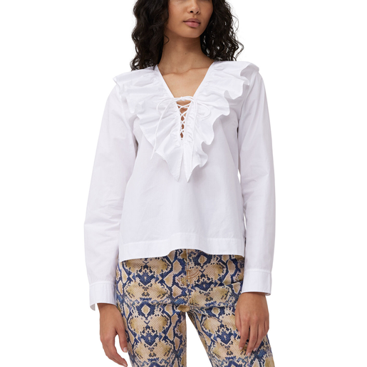 Cotton Poplin V-neck Ruffle Blouse